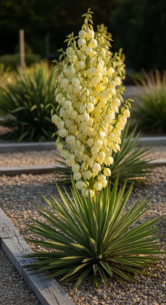 Hampe florale de yucca au-dessus d’une rosette persistante