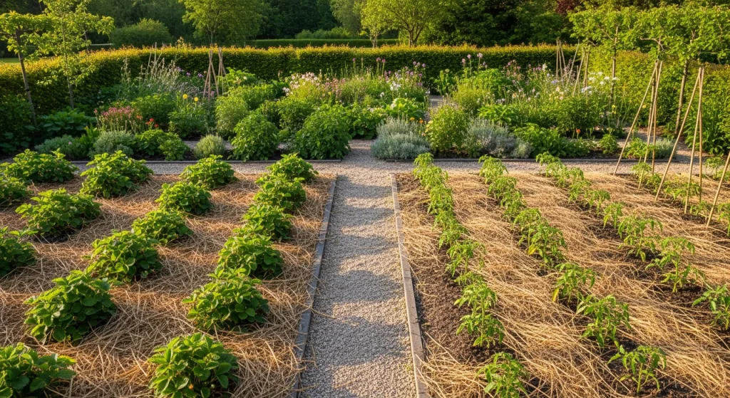 Planches de légumes et massif paillés avec fibre claire