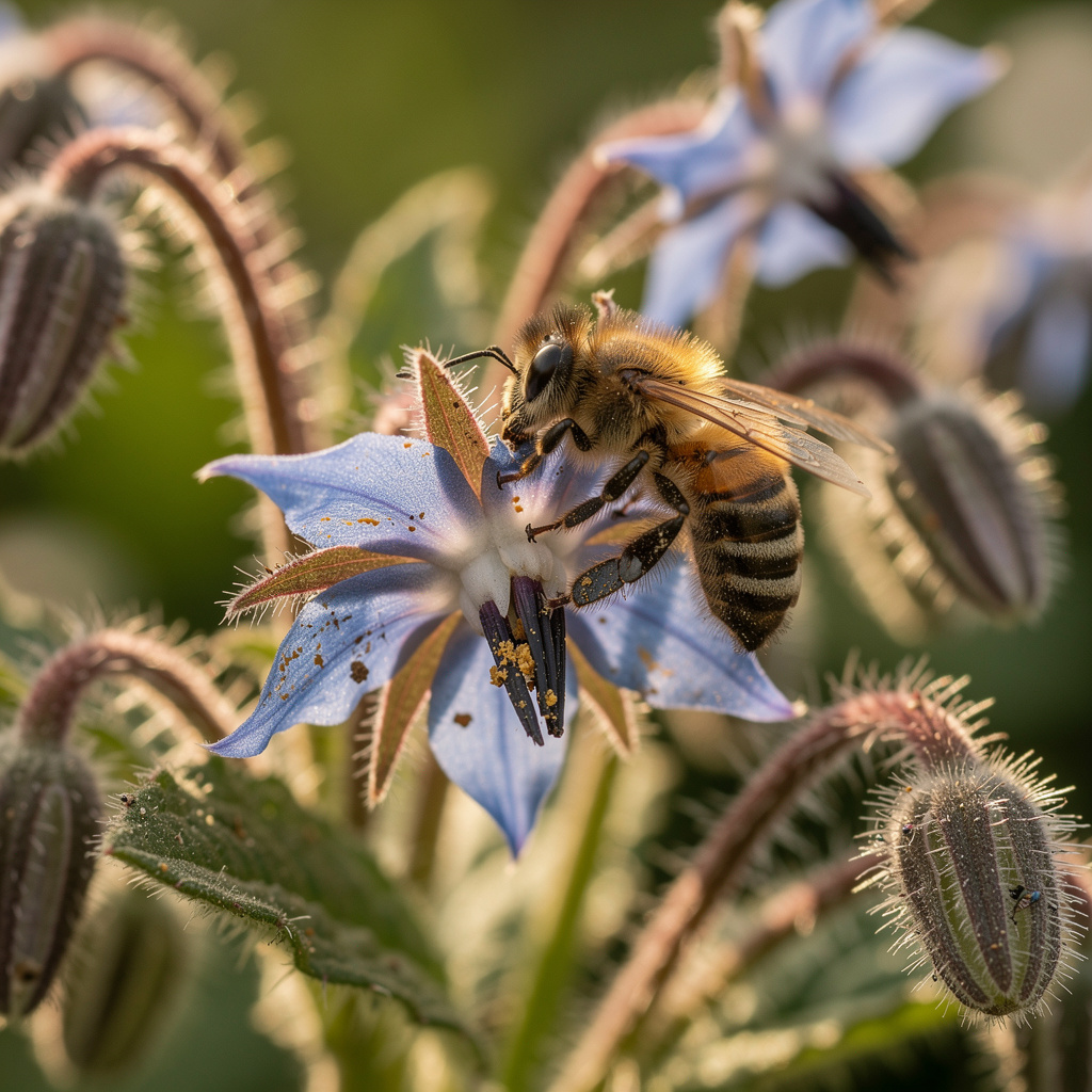 Abeille sur corolle bleue de bourrache au potager