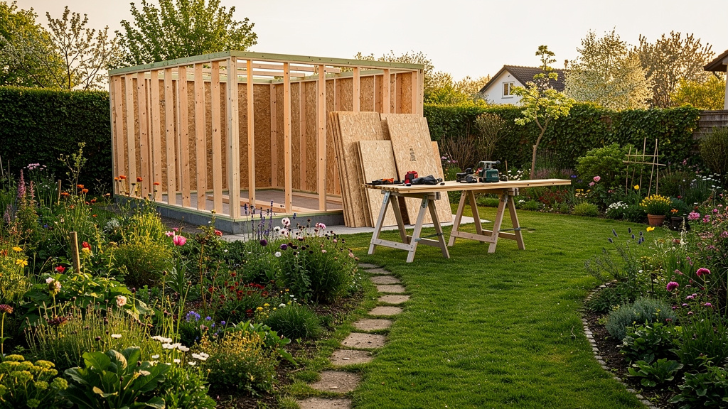 Ossature bois d’un abri au milieu d’un jardin verdoyant
