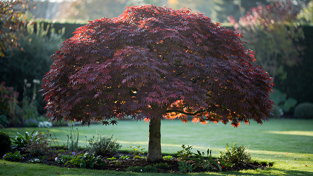 Érable du Japon rouge vif en automne, houppier arrondi