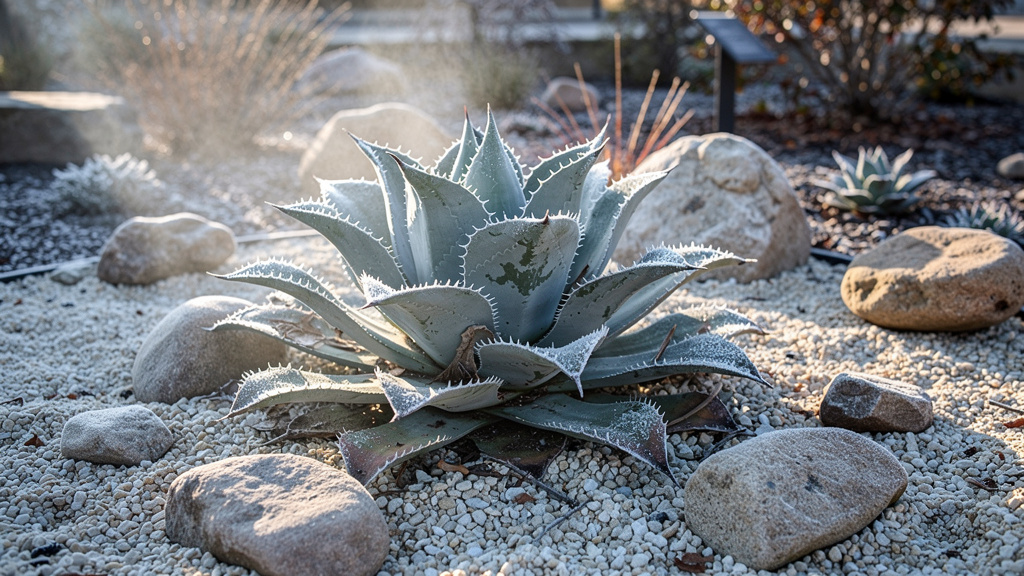 Agave parryi bleuté avec givre sur paillage minéral en hiver