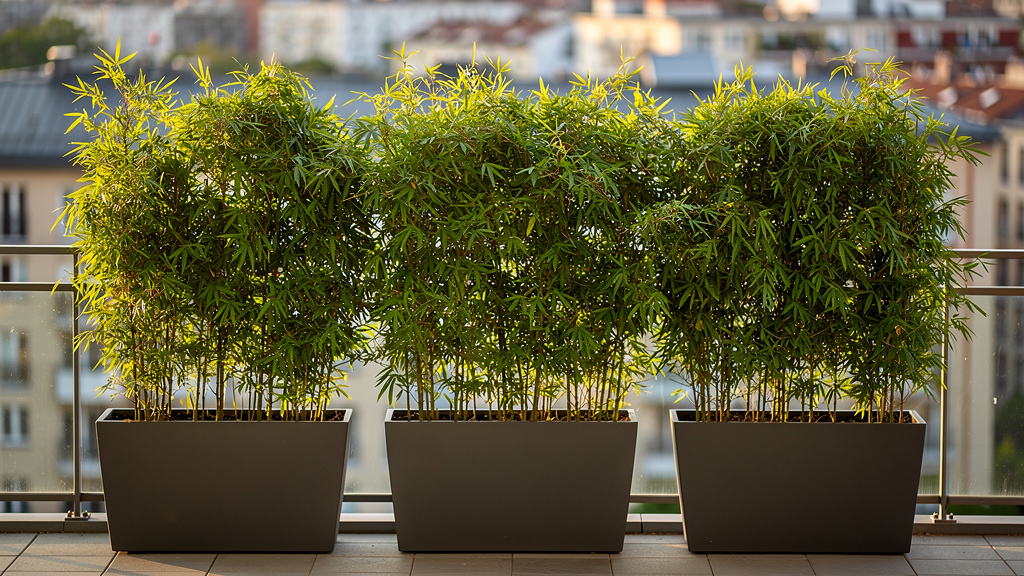 Jardinières de bambous alignées pour créer un écran