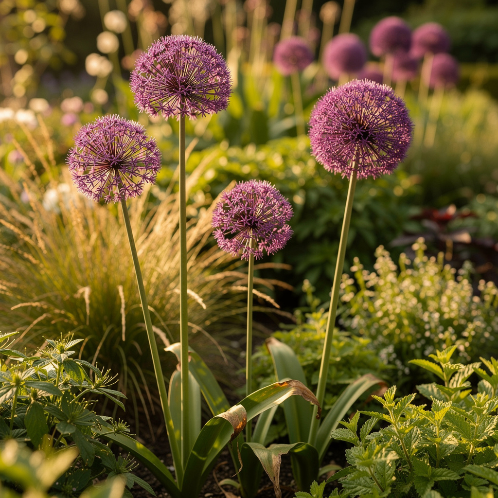 Boules d’allium violettes dressées au-dessus du feuillage