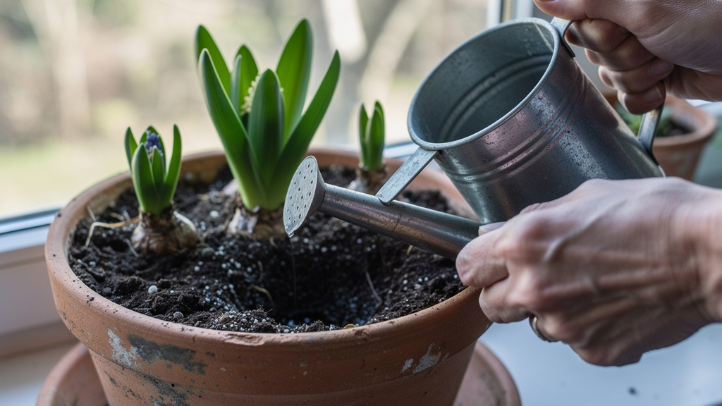 Arrosoir versant un fin filet d’eau sur un pot de jacinthe