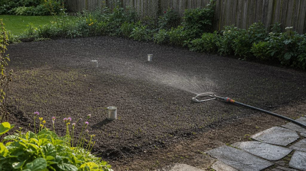 Arroseur oscillant arrosant un semis de gazon en pluie fine