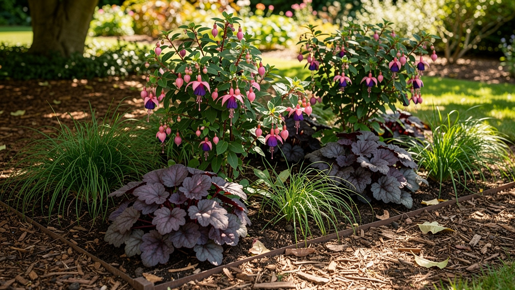Massif d’ombre avec fuchsia, heuchères pourpres et carex