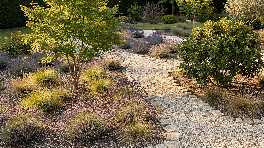 Composition de jardin sec avec érable, lavandes et graminées sur gravier