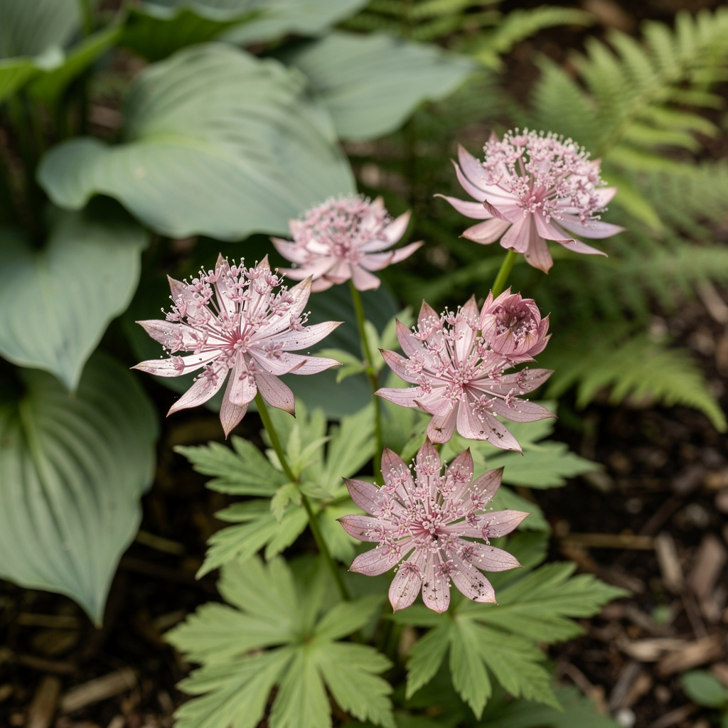 Ombelles rosées d’astrantia Roma en mi-ombre avec feuillages