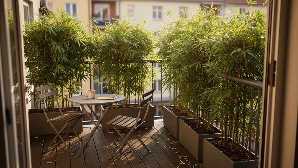 Petit balcon avec bambous en pot près du garde-corps