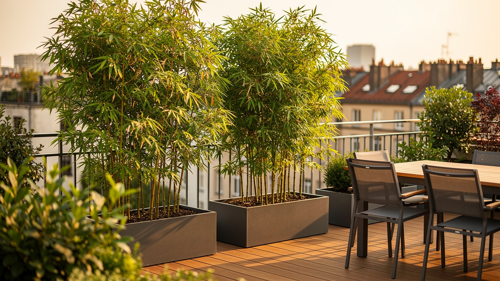 Bambous en pot alignés formant un brise-vue élégant