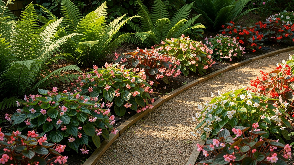 Massif ombragé de bégonias en fleurs le long d’un chemin