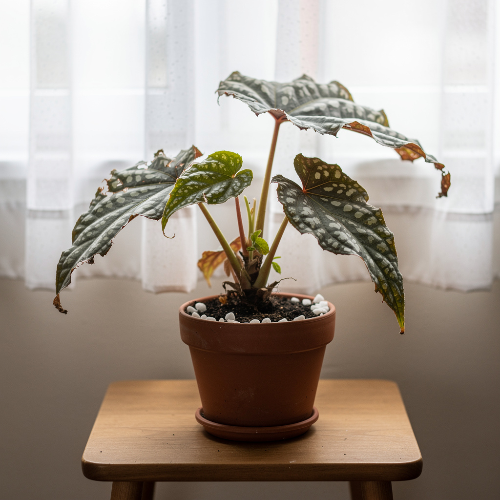 Feuilles tachetées de begonia maculata près d’une fenêtre lumineuse