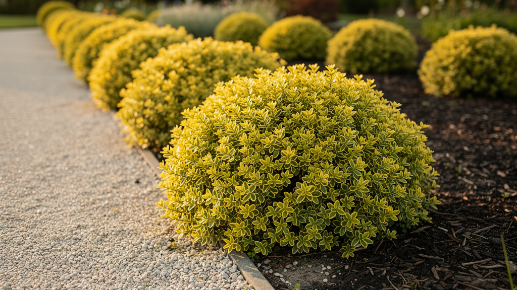 Couvre-sol doré d’euonymus longeant un chemin de gravier