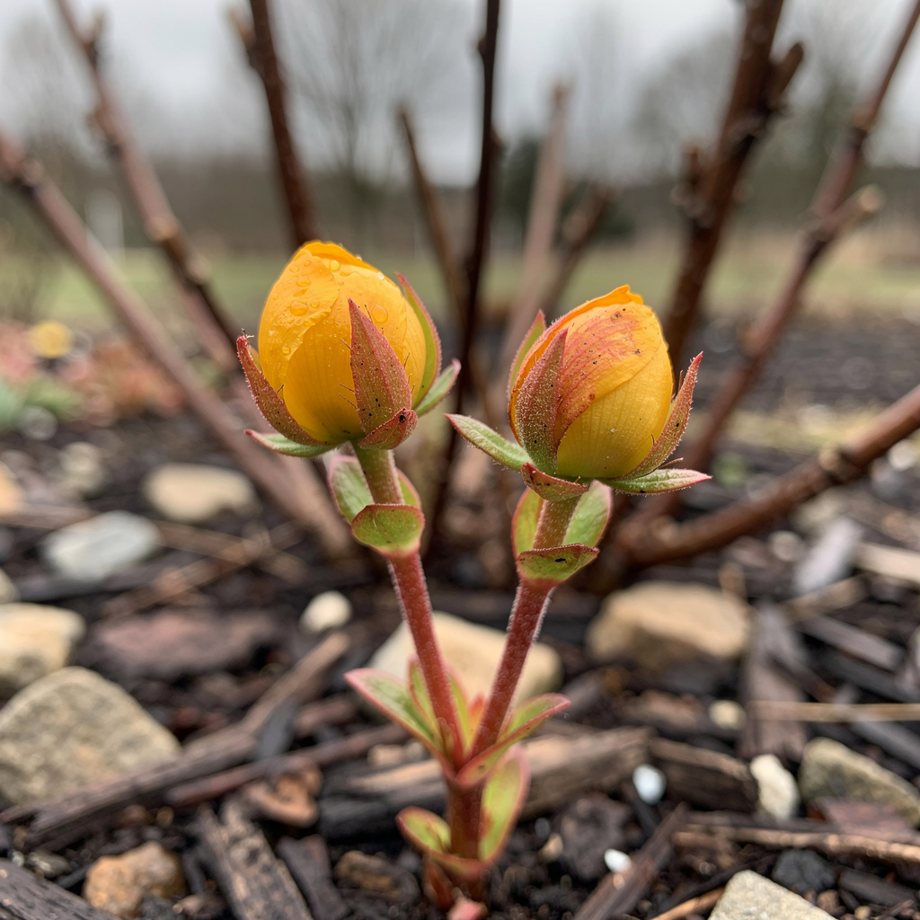 Bourgeons de millepertuis gonflés sur rameau rougeâtre
