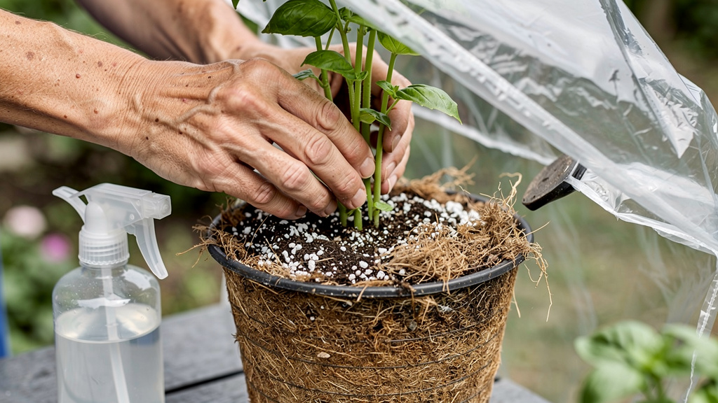 Plantation de boutures de basilic dans un terreau léger aéré