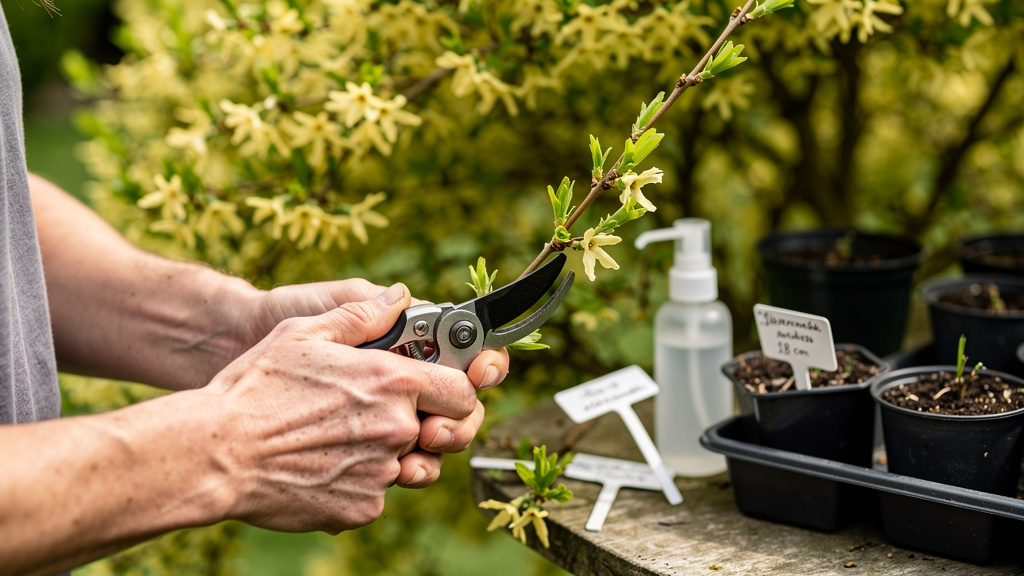 Main coupant un rameau de forsythia sous un nœud
