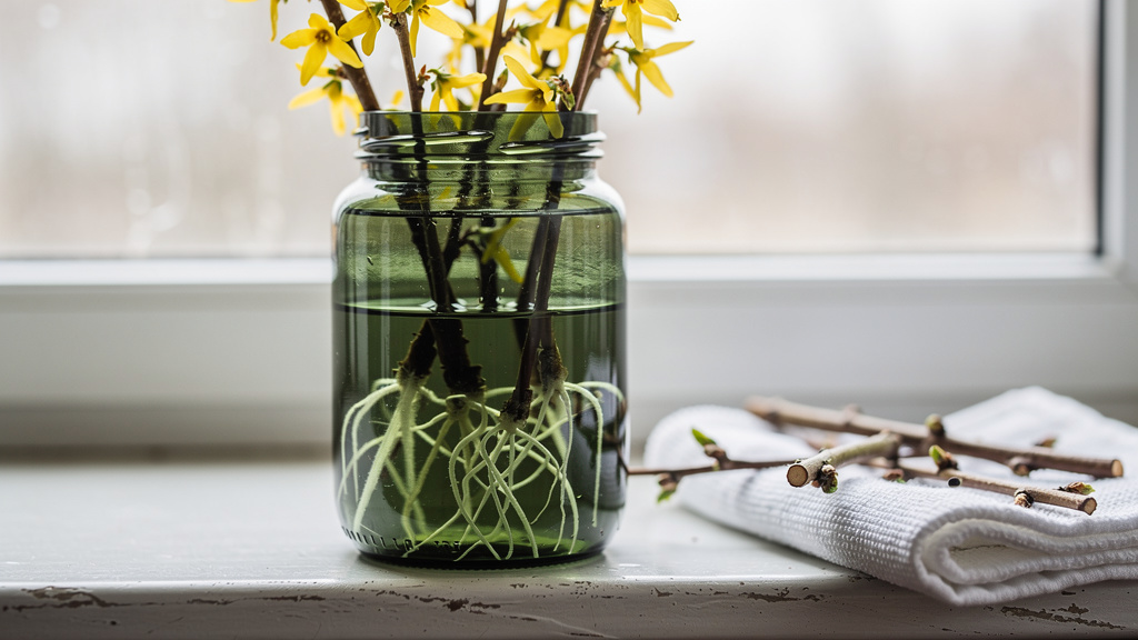 Boutures de forsythia dans un bocal, racines de 2 à 3 cm