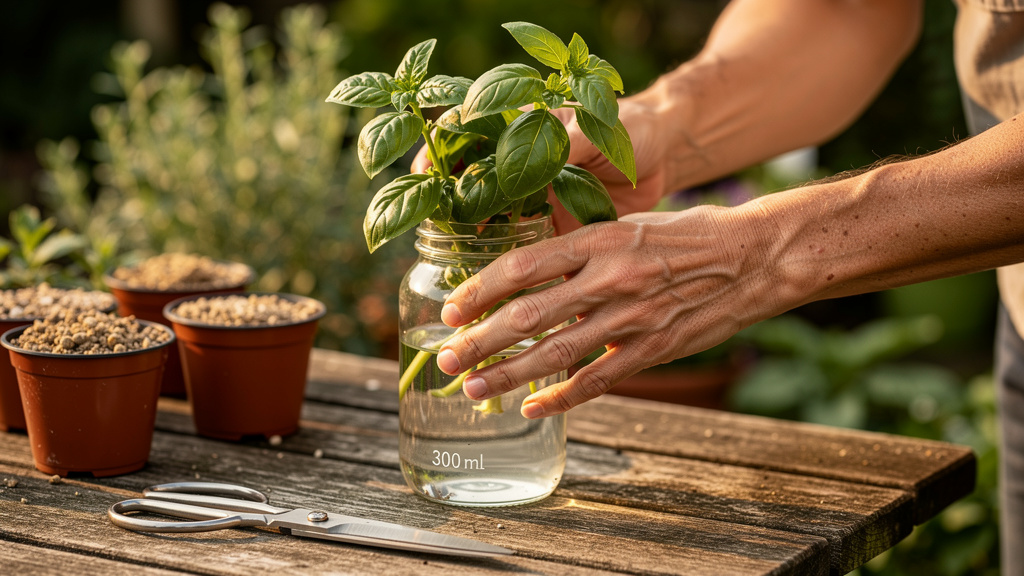 Mains plaçant des tiges de basilic dans un bocal d’eau claire