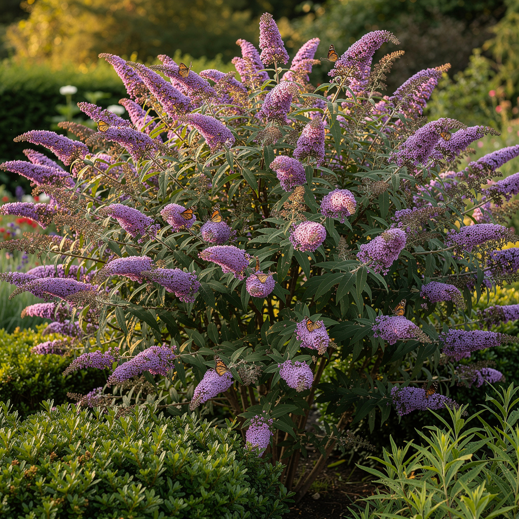 Épis violets de buddleia avec papillons en été