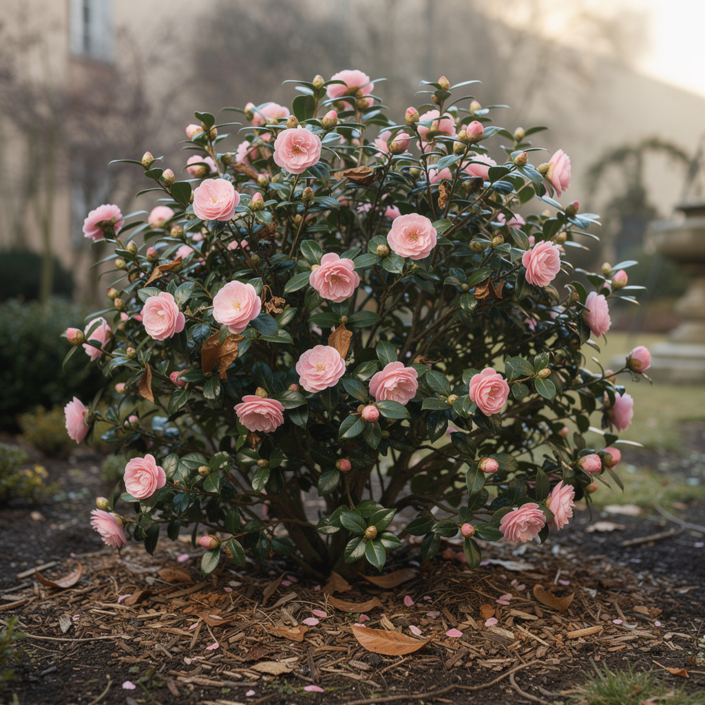 Camélia à fleurs doubles roses en fin d’hiver sous lumière douce