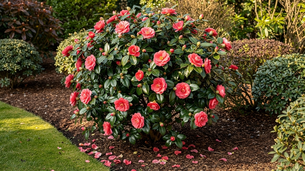 Camellia japonica en fleurs, feuillage lustré et pétales au sol