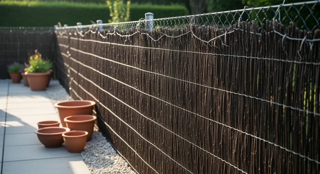 Brande de bruyère dense fixée sur grillage le long d’une terrasse