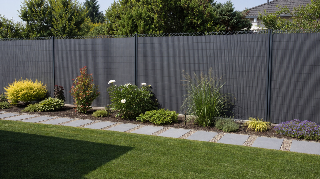 Canisse PVC grise posée sur grillage de jardin