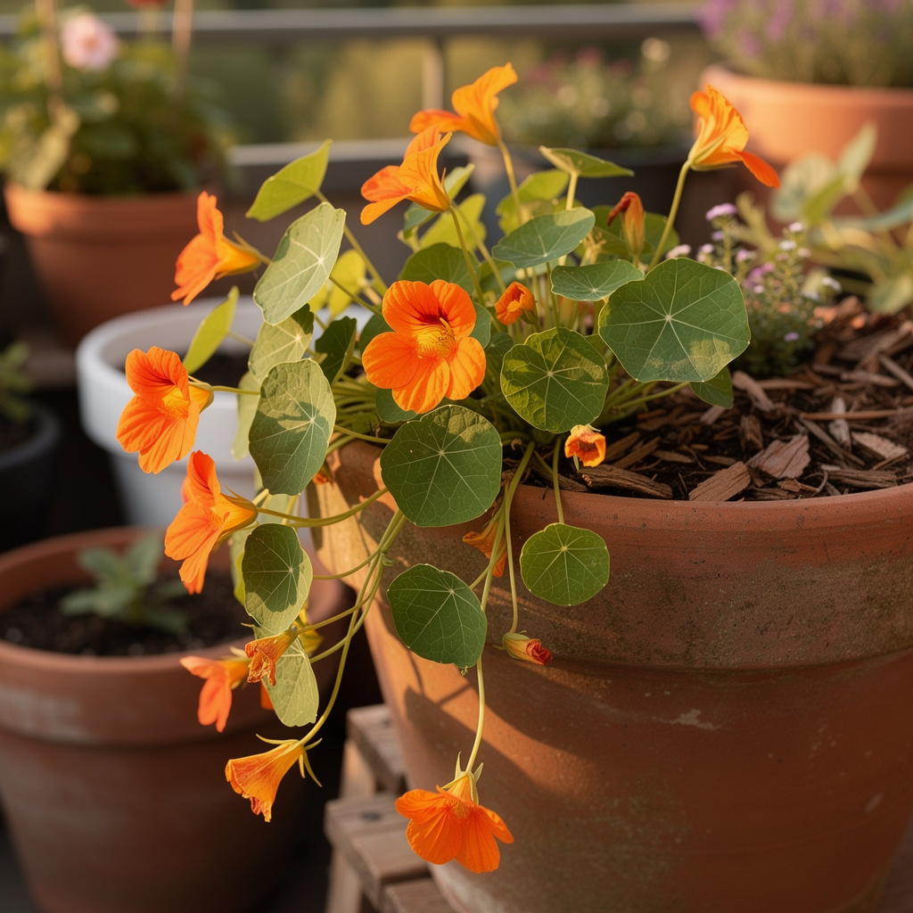Capucine orange retombante en pot sur terrasse