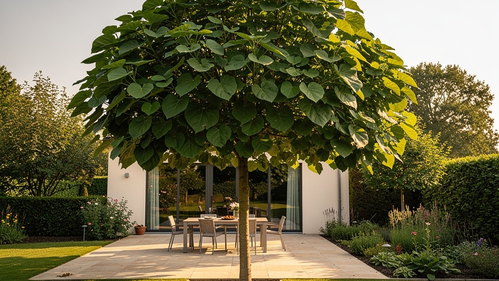 Grand catalpa ombrageant une terrasse sud en été