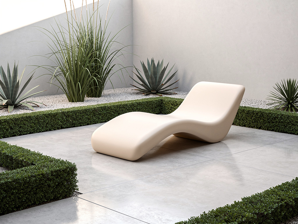 Chaise longue crème monobloc sur patio moderne, haies et agaves