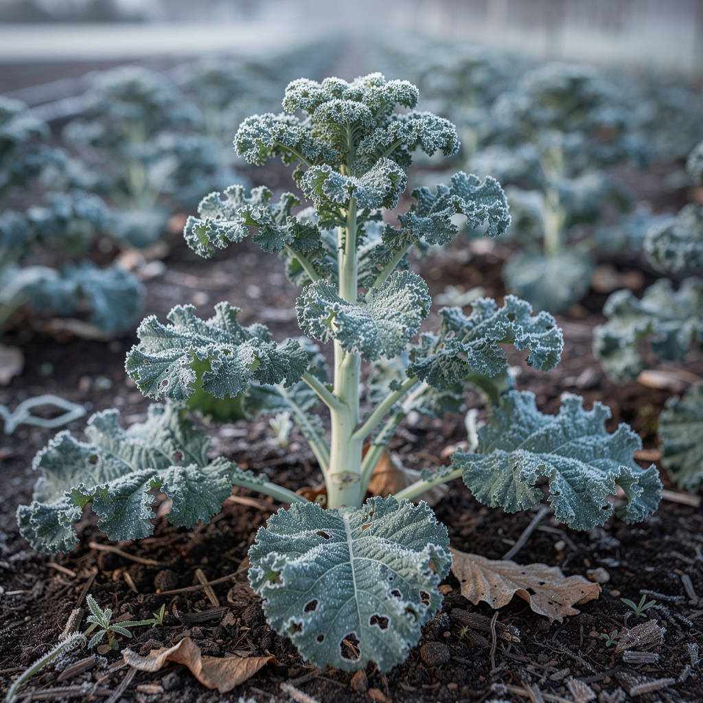 Grand pied de chou kale aux feuilles frisées vert bleuté