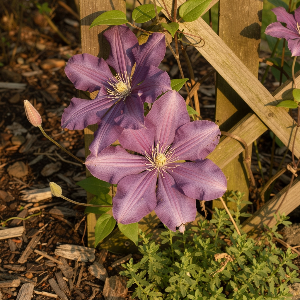 Grandes fleurs violettes de clématite sur treillis de jardin