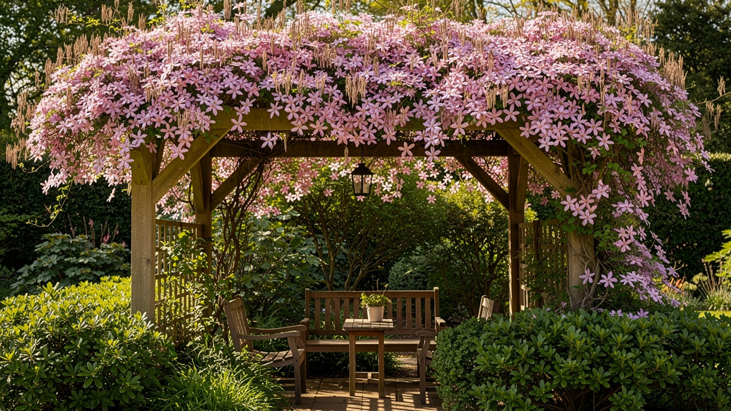 Pergola couverte de fleurs roses de clématite au printemps