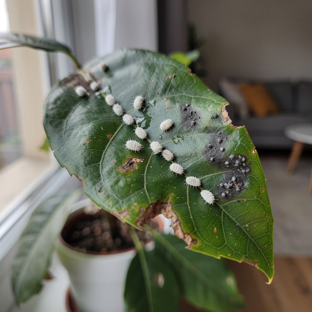 Amas blancs et miellat brillant sous une feuille de ficus