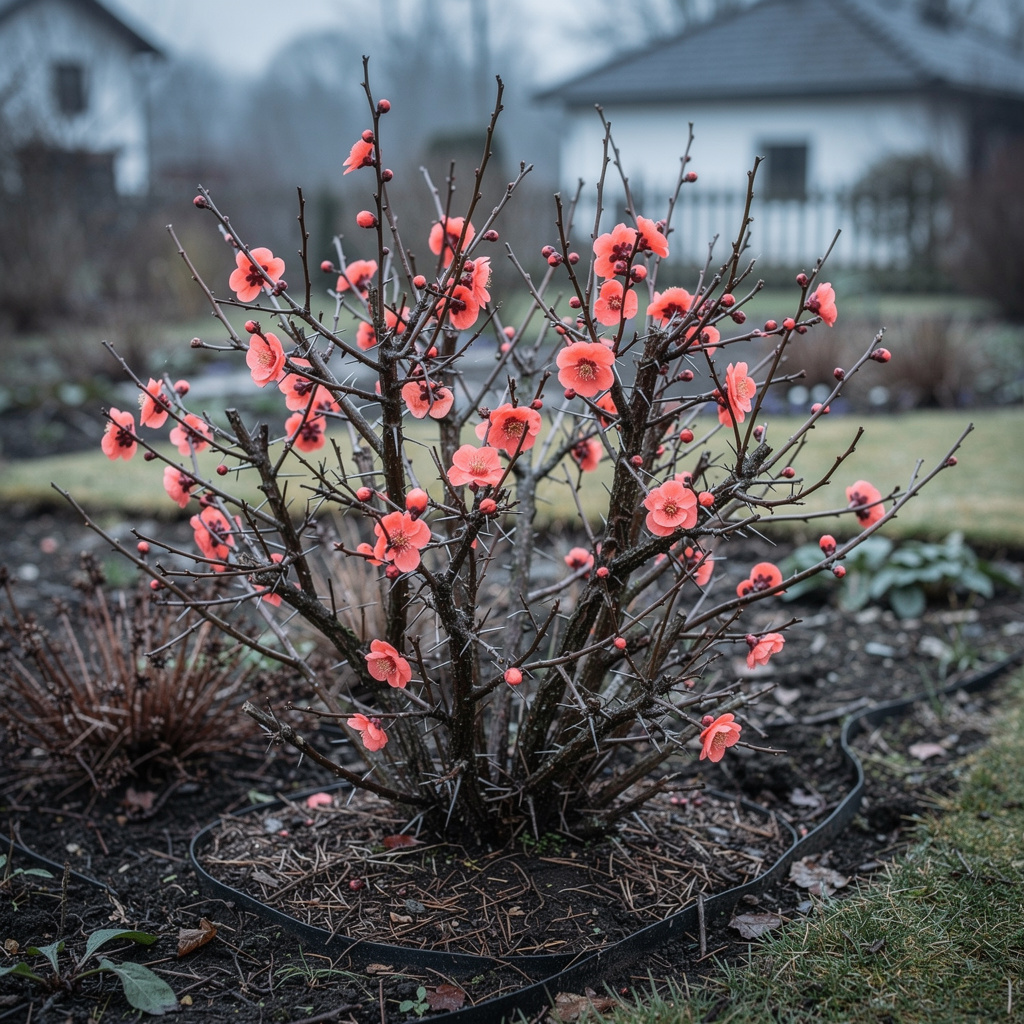 Fleurs corail solitaires de cognassier du Japon sur bois nu