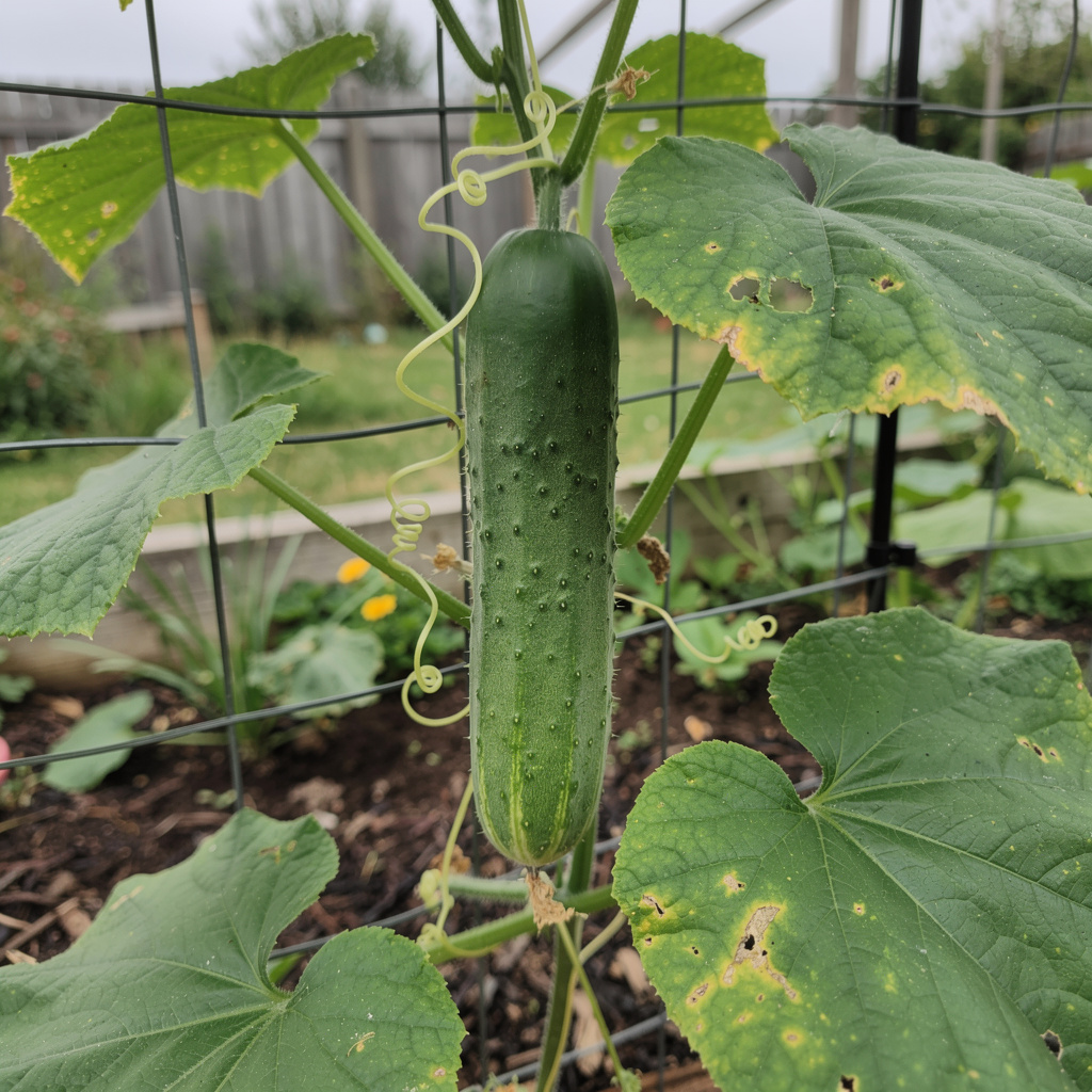 Concombre vert allongé suspendu sur treillis au potager