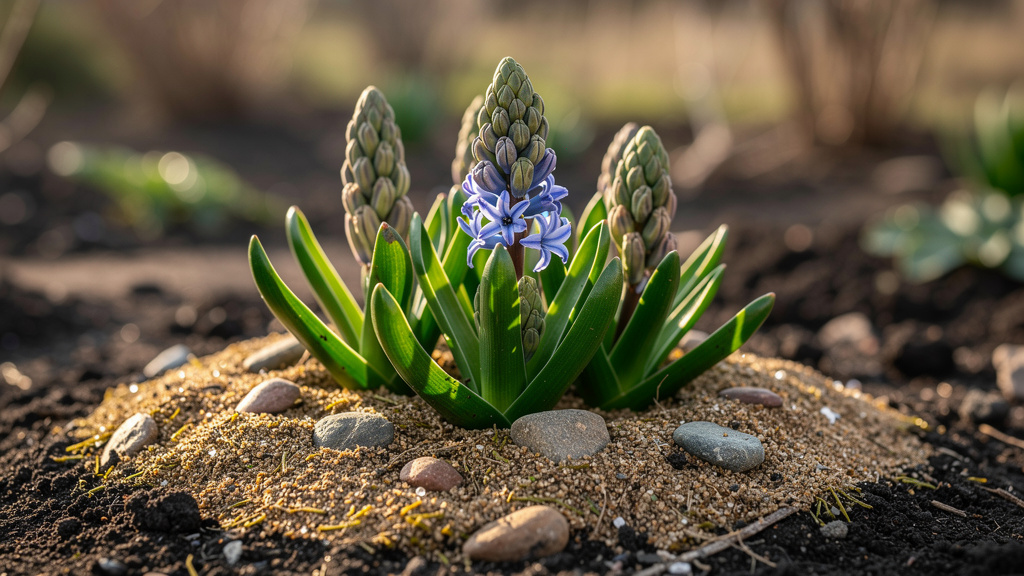 Hyacinthes sur butte légère en sol drainant avec mulch