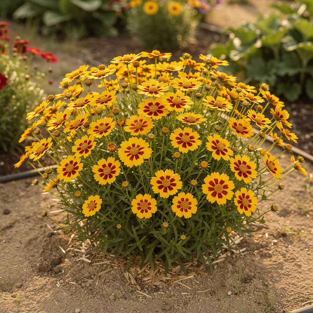 Abondantes fleurs jaunes de coreopsis en été