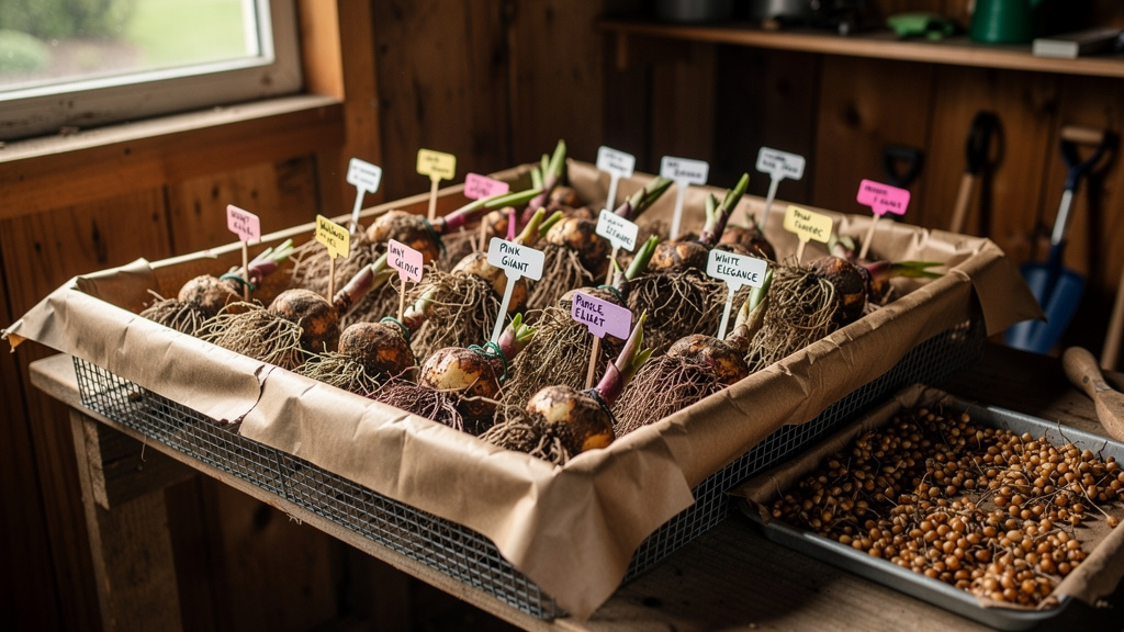 Cormes de glaïeuls séchant en caissette avec étiquettes