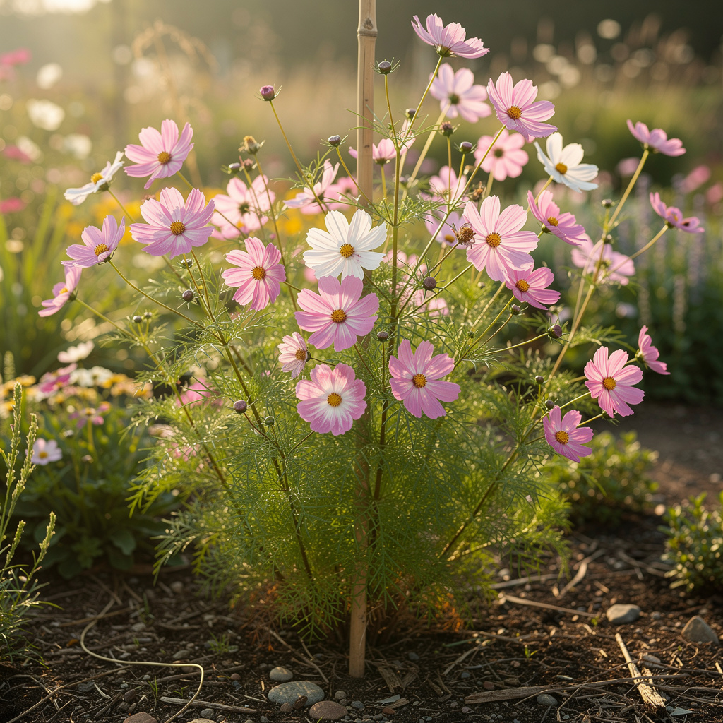 Fines tiges de cosmos roses et blancs au soleil