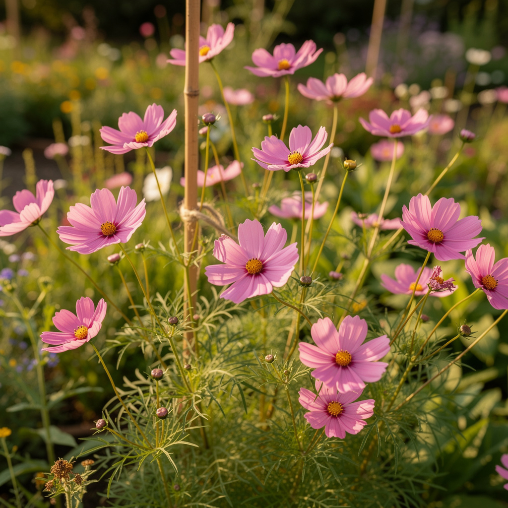 Fleurs de cosmos roses légères avec tuteur discret en été