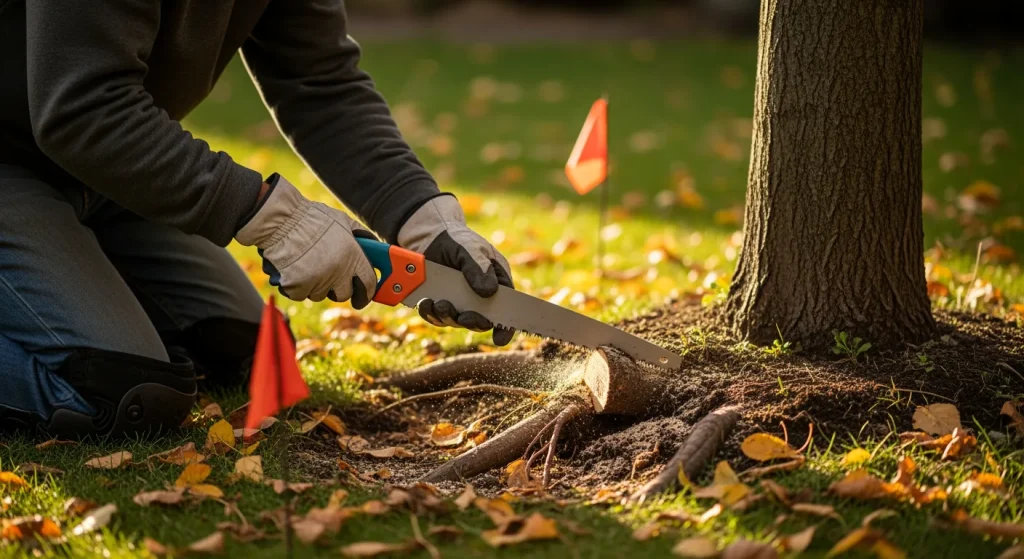 Jardinier coupant une racine avec une scie d’élagage