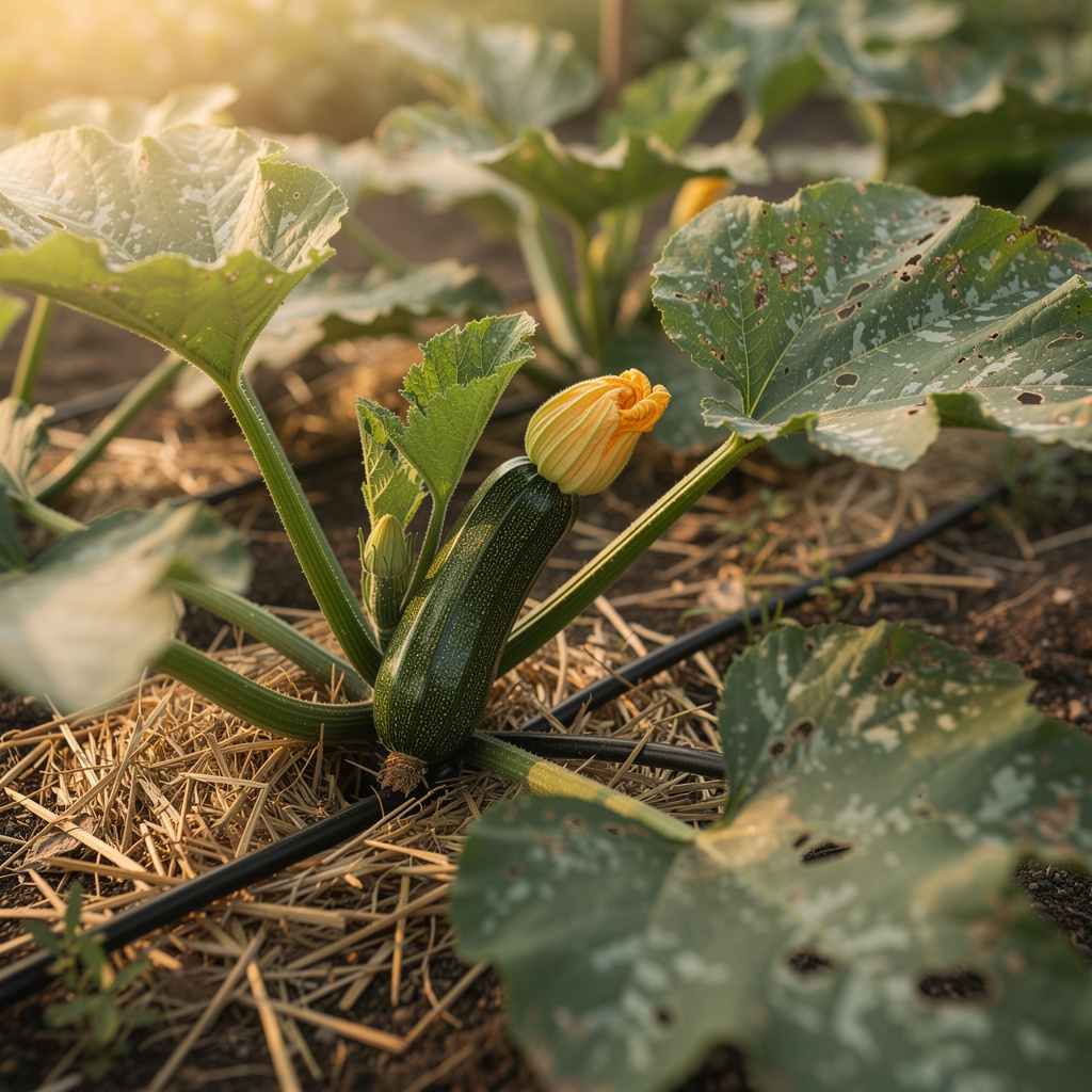 Jeune courgette verte avec fleur et grand feuillage