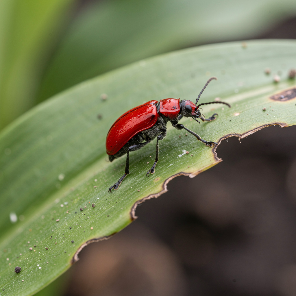 Criocère rouge sur feuille de lis avec morsures visibles
