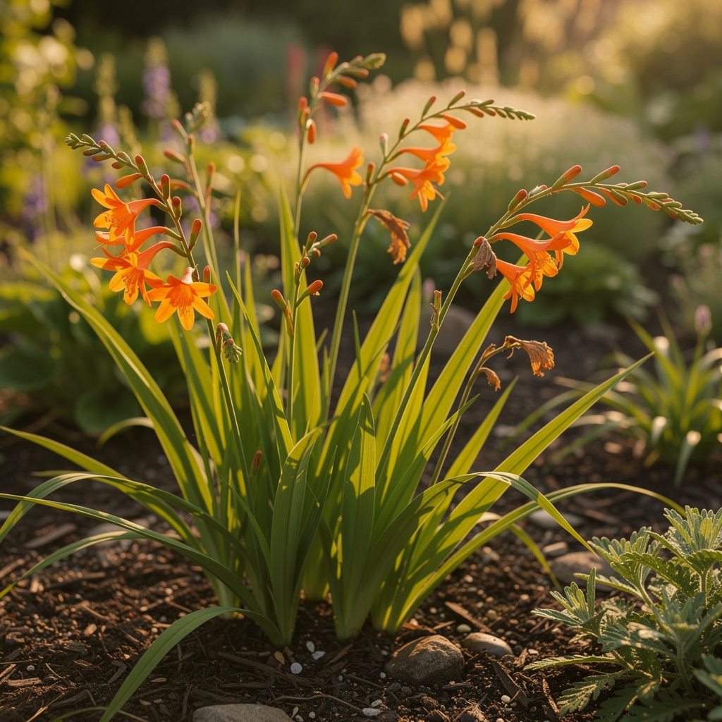 Épis orangés de crocosmia au-dessus d’un feuillage dressé