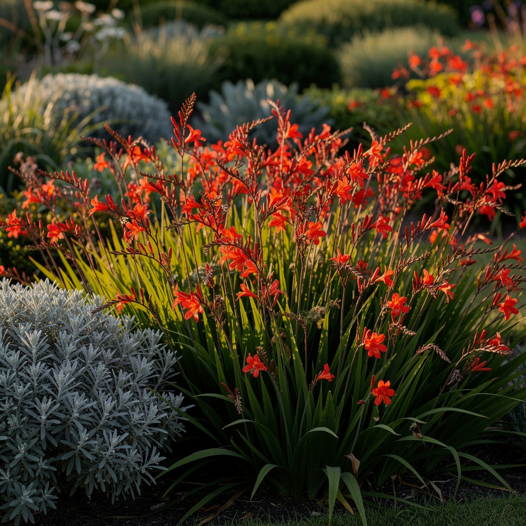 Épis de crocosmia Lucifer rouge vif sur feuillage en sabre