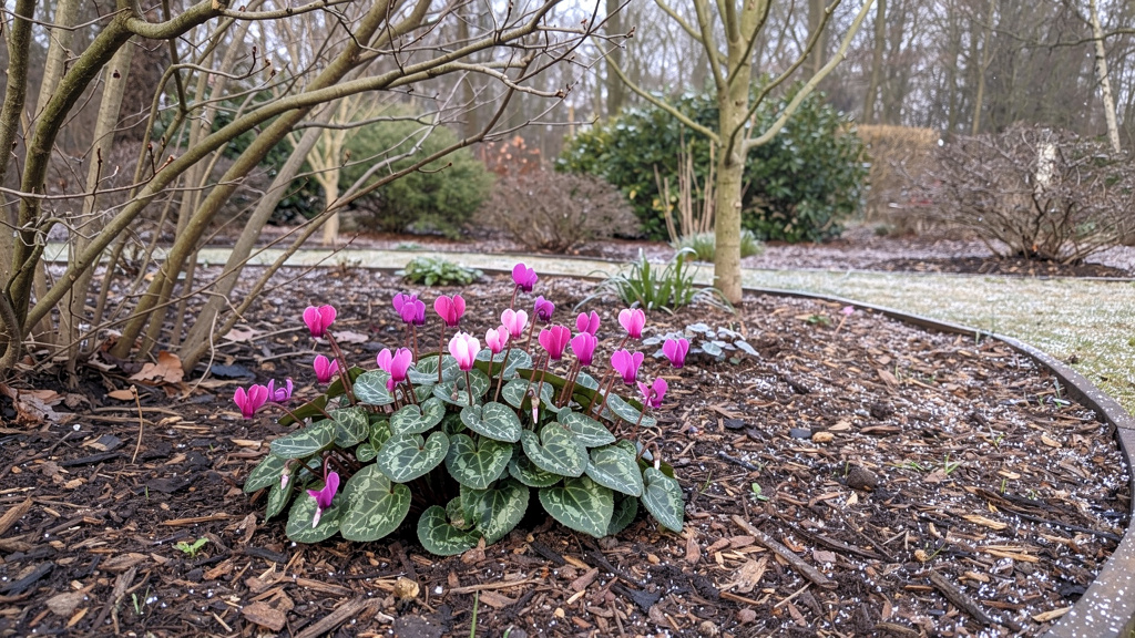 Cyclamen coum en fleurs sous arbustes, paillage et légère gelée matinale