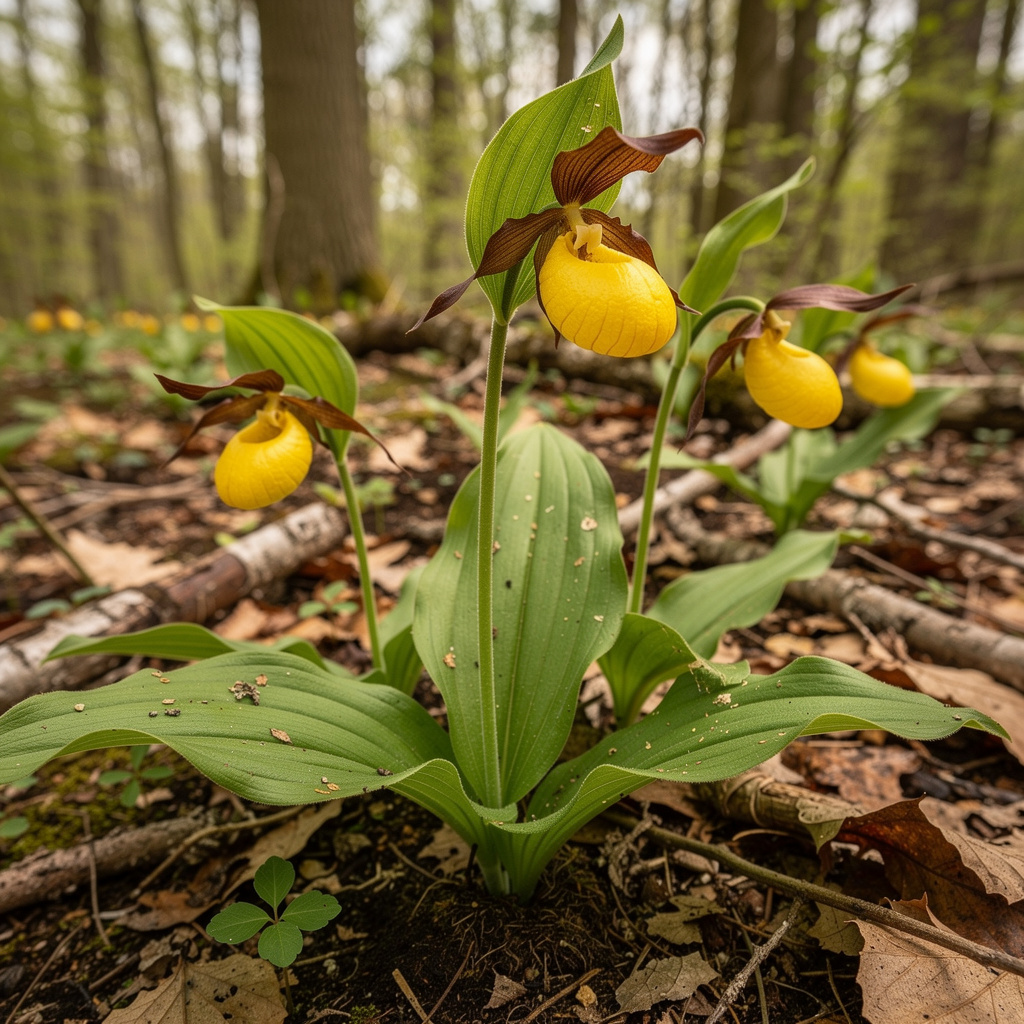 Fleur de sabot de Vénus jaune et brune en sous-bois