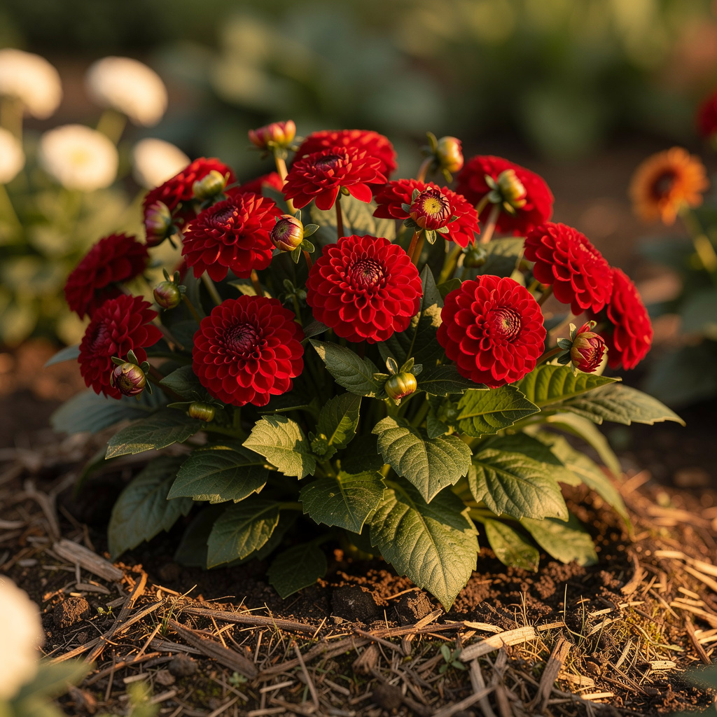 Dahlia nain rouge compact aux fleurs rondes en bordure